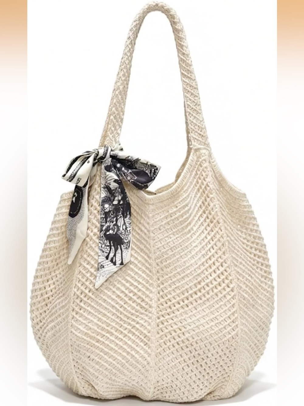Natural Woven Shoulder Tote Bag with Scarf Accent